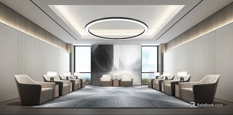 Modern Hotel Public Lounge Area With Comfortable Seats Round Pendant Light And Large Windows 3d model 