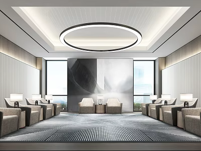 Modern Hotel Public Lounge Area With Comfortable Seats Round Pendant Light And Large Windows 3d model