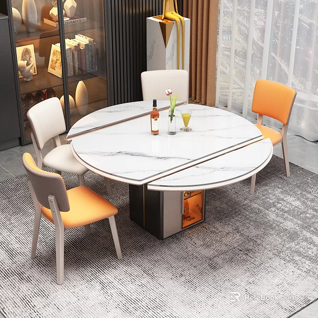 Modern Round Marble Top Dining Table Set With Four Orange And White Chairs 3d model 