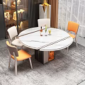 Modern Round Marble Top Dining Table Set With Four Orange And White Chairs 3d model
