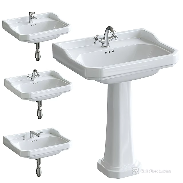 White Pedestal Washbasin Collection With Different Styles And Chrome Faucet Designs 3d model 