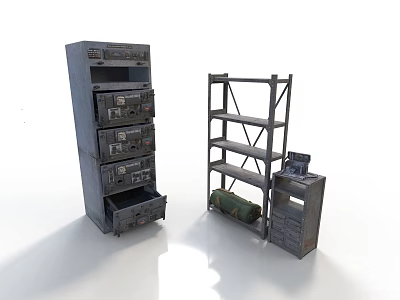Vintage Metal Equipment Cabinet And Metal Shelf With Green Cylindrical Container And Small Device 3d model