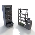 Vintage Metal Equipment Cabinet And Metal Shelf With Green Cylindrical Container And Small Device