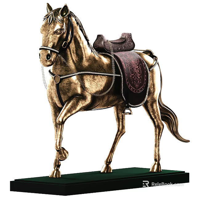 Elegant Golden Horse Sculpture In Standing Pose With Decorative Saddle And Green Base 3d model 