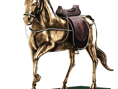 Elegant Golden Horse Sculpture In Standing Pose With Decorative Saddle And Green Base 3d model