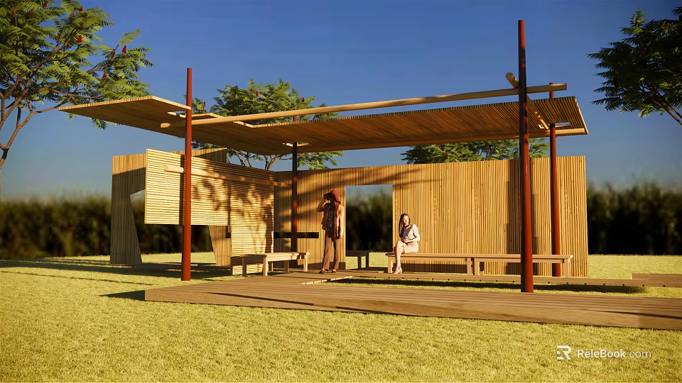 Wooden Pergola Featuring Shaded Roof And Benches On Green Lawn With Trees 3d model 