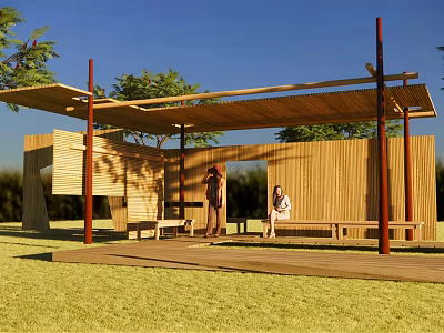 Wooden Pergola Featuring Shaded Roof And Benches On Green Lawn With Trees 3d model