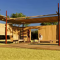 Wooden Pergola Featuring Shaded Roof And Benches On Green Lawn With Trees