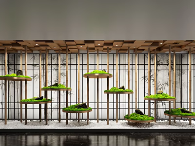 Indoor Landscape Design With Wooden Shelves Green Moss And Bamboo Patterns 3d model
