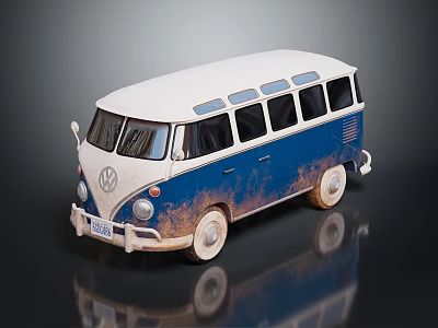 Vintage Volkswagen Bus With Blue And White Exterior And Rusted Details 3d model