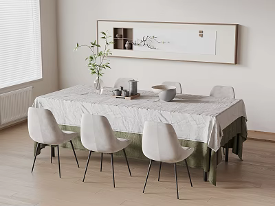Cozy Dining Area With White Tablecloth Green Hem Light Gray Chairs Vase And Decorative Painting 3d model