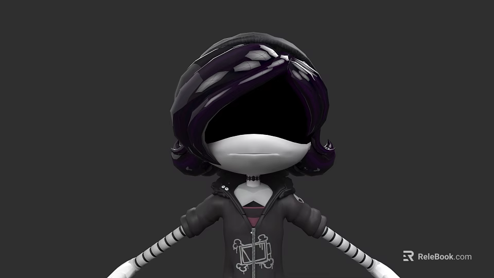 Stylish Cartoon Character With Purple Hair Black Hoodie Skeleton Pattern And Striped Sleeves 3d model 
