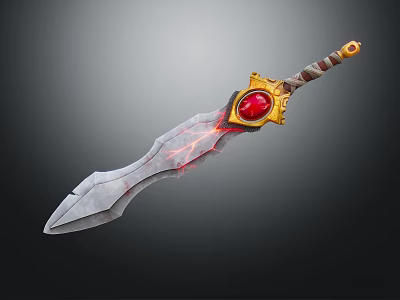 Fantasy Sword With Red Glowing Blade And Golden Hilt Red Gemstone 3d model