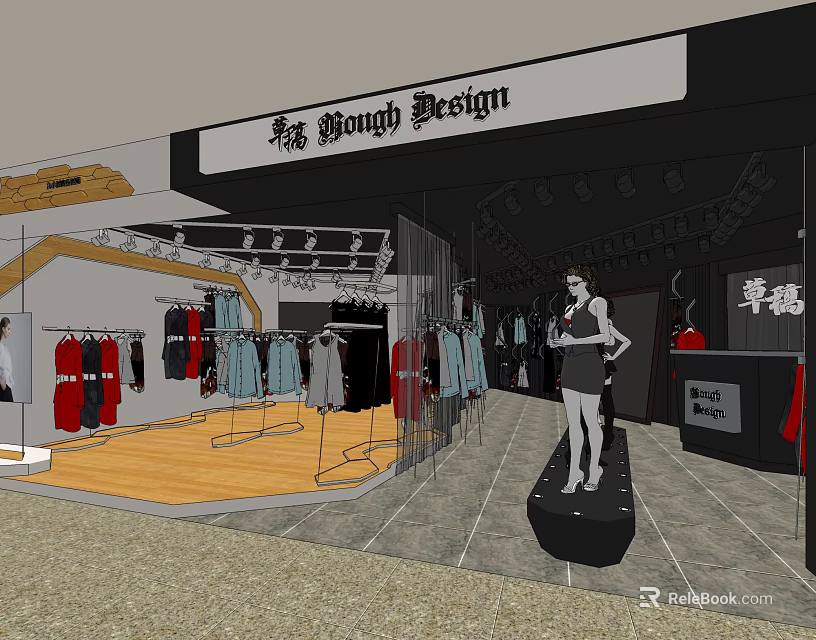 Hong Young Design Clothing Store With Fashion Clothes Mannequin And Display Racks 3d model 