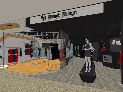 Hong Young Design Clothing Store With Fashion Clothes Mannequin And Display Racks 3d model