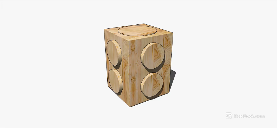 Minimalist Cube Shaped Wooden Stool With Circular Cutouts And Natural Wood Texture 3d model 