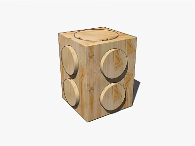 Minimalist Cube Shaped Wooden Stool With Circular Cutouts And Natural Wood Texture 3d model