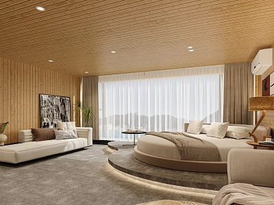 Spacious Hotel Guest Room With Round Bed Wooden Ceiling Large Windows And Sofa 3d model