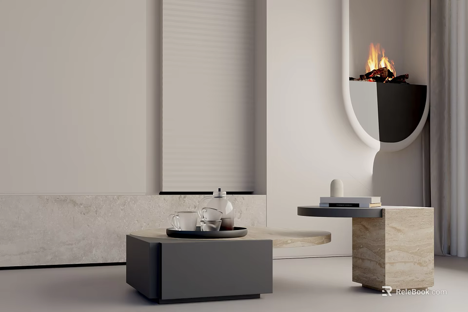 Modern Cube Coffee Table In Living Room Interior With Fireplace And Stone Design 3d model 