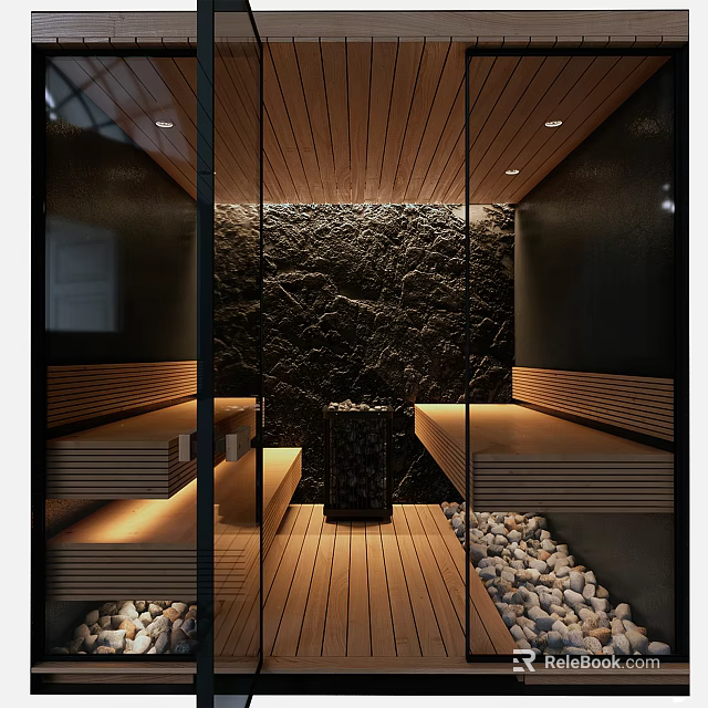 Modern Sauna Interior Design With Wooden Benches Stone Wall Pebble Floor And Recessed Lighting 3d model 