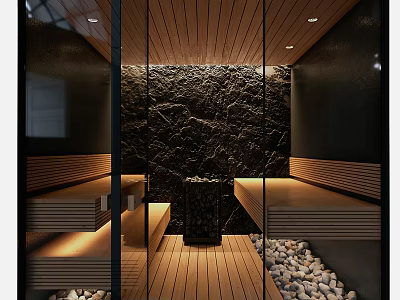 Modern Sauna Interior Design With Wooden Benches Stone Wall Pebble Floor And Recessed Lighting 3d model