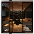 Modern Sauna Interior Design With Wooden Benches Stone Wall Pebble Floor And Recessed Lighting