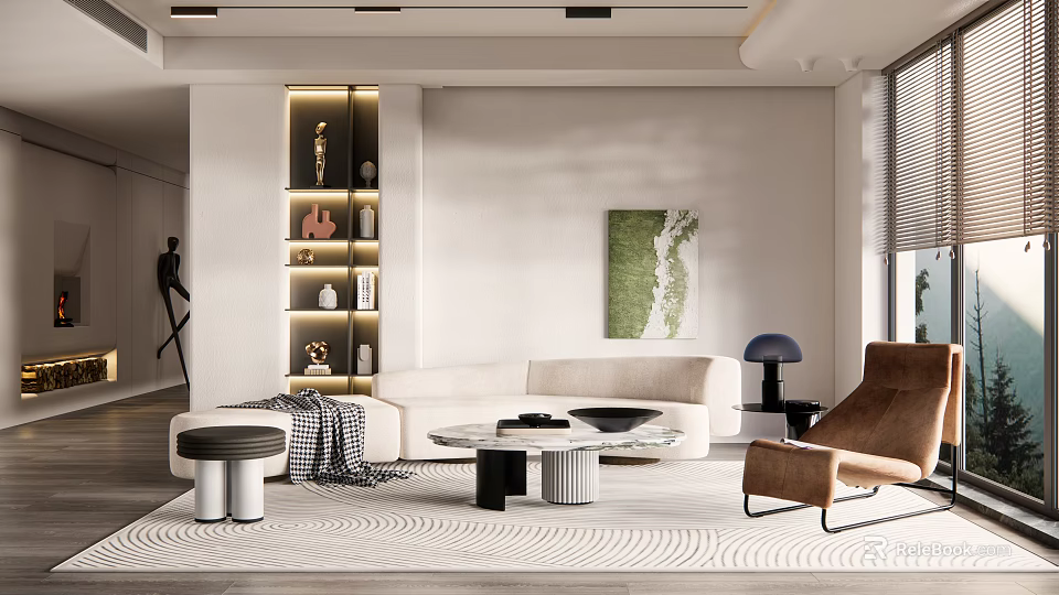 Modern Living Room Interior Design With Light Sofa Coffee Table Geometric Rug And Decorative Painting 3d model 