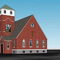 Historic Church Building With Red Brick Stained Glass Windows Cross And Tower