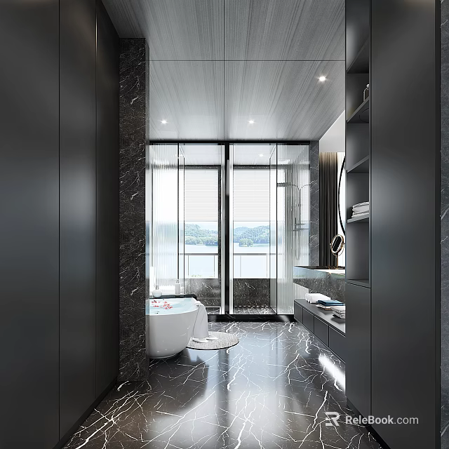 Modern Bathroom Interior With Marble Floor Freestanding Bathtub Large Windows And Scenic View 3d model 