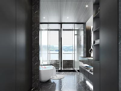 Modern Bathroom Interior With Marble Floor Freestanding Bathtub Large Windows And Scenic View 3d model