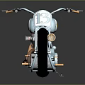 Light Blue Custom Motorcycle With Brown Seat Copper Exhaust Chrome Details And Black Wheels