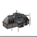 Traditional Tent Structure With White Fabric Blue Decorative Flags And Golden Ornaments