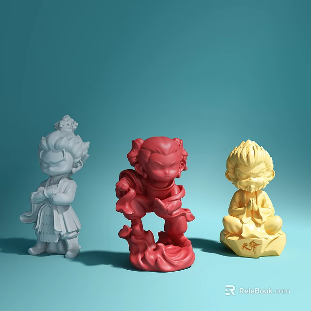 Three Stylized Character Dolls in Gray Red and Yellow Colors 3d model