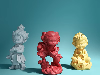 Three Stylized Character Dolls in Gray Red and Yellow Colors 3d model