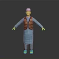 Man Wearing Blue Robe White Cap Brown Patterned Vest Blue Sandals Arms Outstretched Gray Background