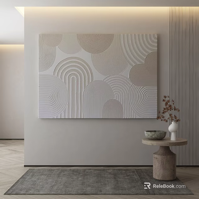 Abstract Wall Art In Modern Interior With Side Table Vase Bowl 3d model 