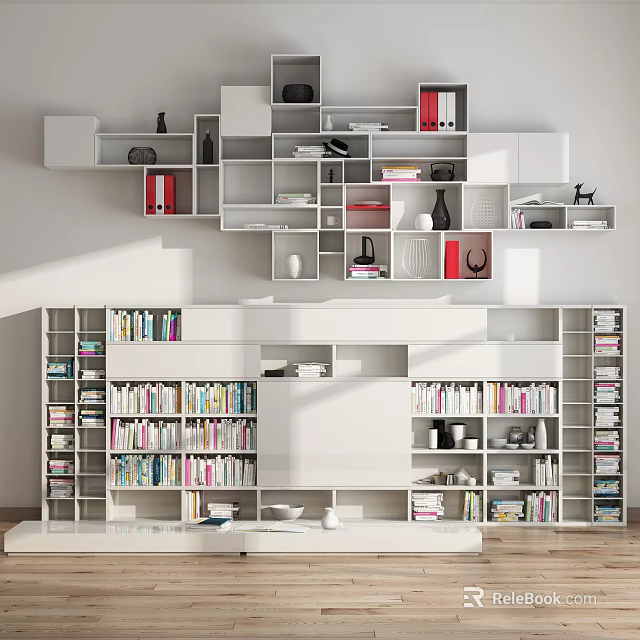 Modern White Open Bookshelf Design With Multiple Shelves And Decorative Book 3d model