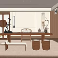 Japanese Style Tea Room Interior Design With Wooden Long Table Tea Sets And Round Stools