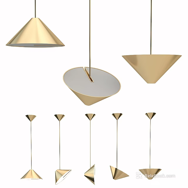 Various Modern Gold Chandeliers Showcasing Conical Circular Design Styles 3d model