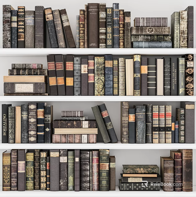 Vintage Hardcover Books Collection On Shelves With Stacked Classic Books And Various Designs 3d model 