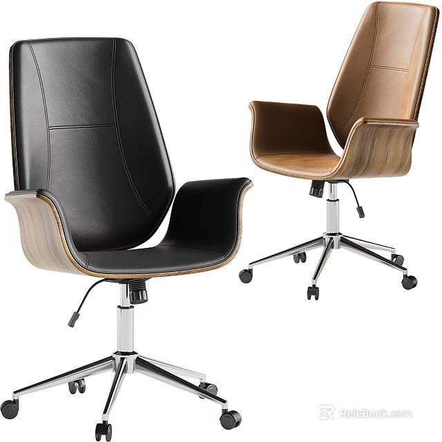 Black And Brown Leather Office Chairs With Wooden Backrest And Metal Wheel Base 3d model 