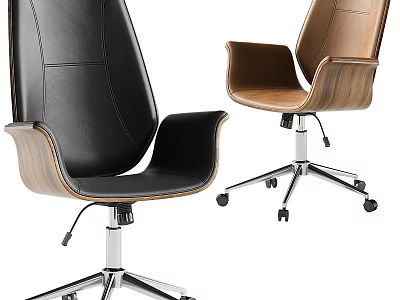 Black And Brown Leather Office Chairs With Wooden Backrest And Metal Wheel Base 3d model