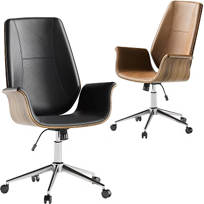 Black And Brown Leather Office Chairs With Wooden Backrest And Metal Wheel Base 3d model