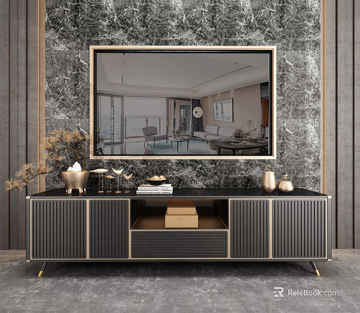 Modern Luxury TV Stand With Black Finish Gold Accents And Decorative Vases On Marble Wall 3d model 