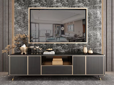 Modern Luxury TV Stand With Black Finish Gold Accents And Decorative Vases On Marble Wall 3d model
