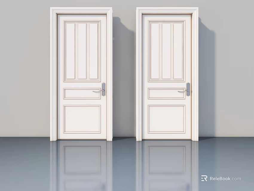 Two White Swing Doors With Simple Panel Design And Metallic Handles For Interior 3d model