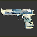 Blue And White Camouflage Pistol With Metallic Accents And Detailed Body Design