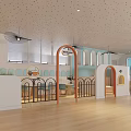 Kindergarten Interior With Little Self-service Bank Arched Design Tables Chairs And Plants