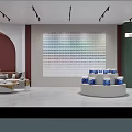 Modern Interior Space With Colorful Grid Wall Sofa Area And Circular Display Stand Blue Boxes 3d model