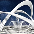 Modern White Sculpture Featuring Curved Structure And Fountain Against Starry Sky